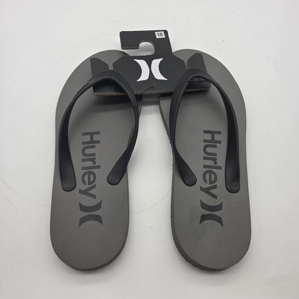 Hurley Flip Flops Sandals Mens Size 10 Beach Lounge Logo NWT Grey Black Thong